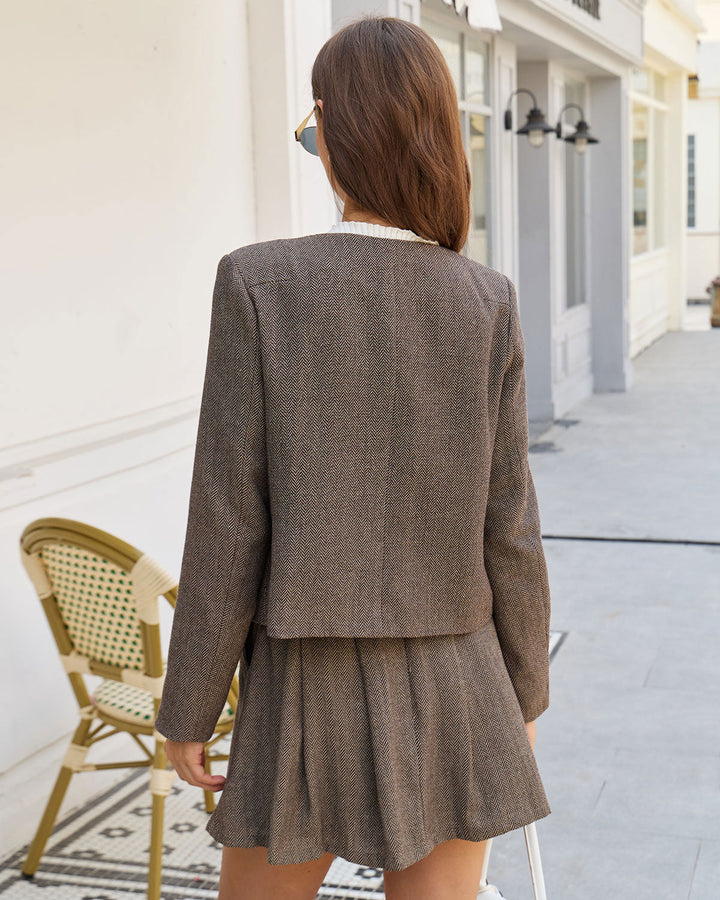 Brown A-Line Pockets Pleated Mini Skirt