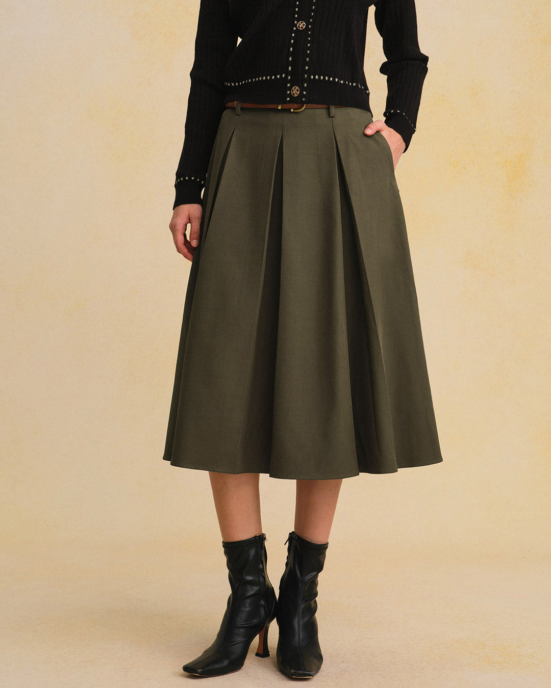 Green A-Line Pleated Midi Skirt