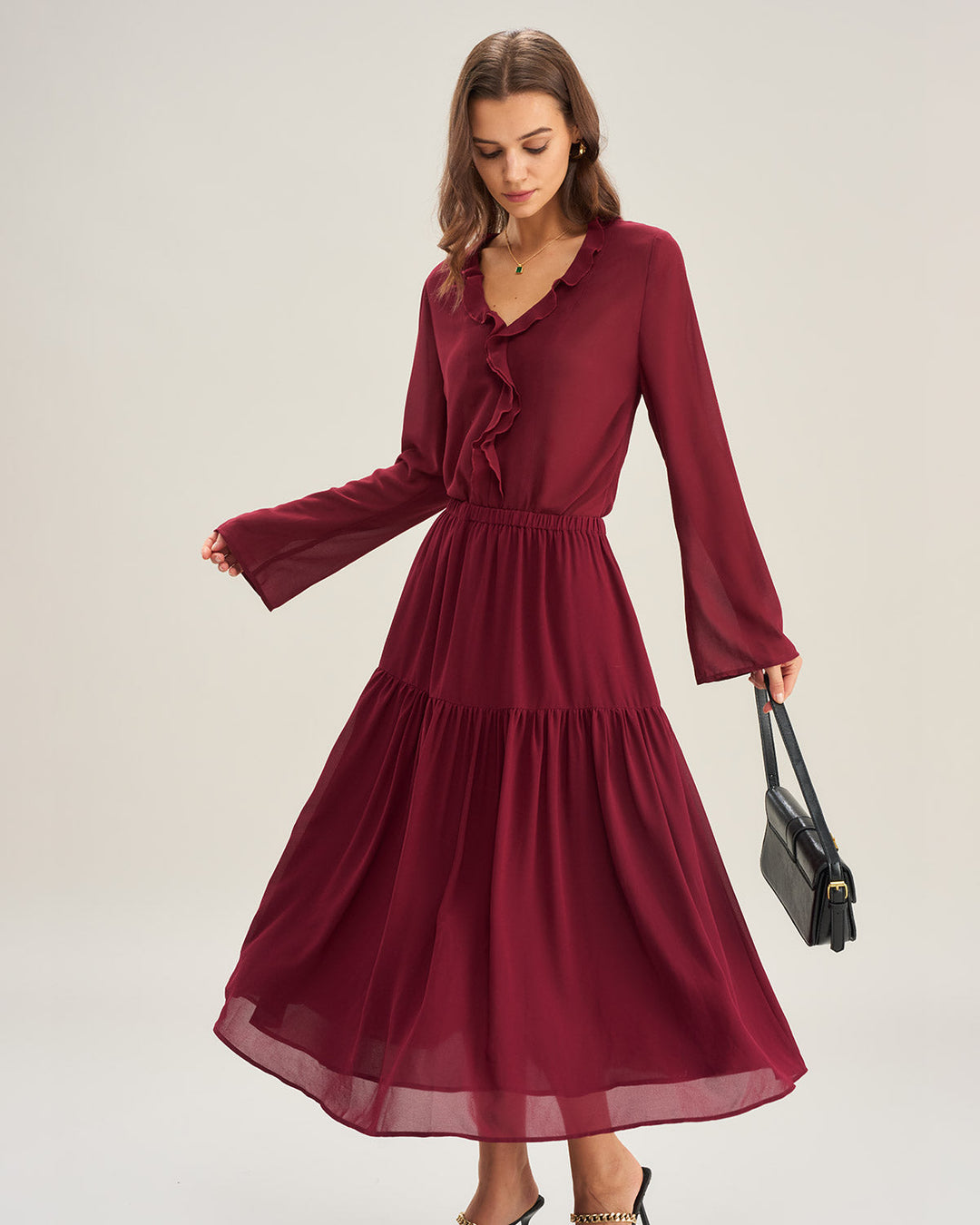 Wine Red Chiffon A-Line Midi Skirt