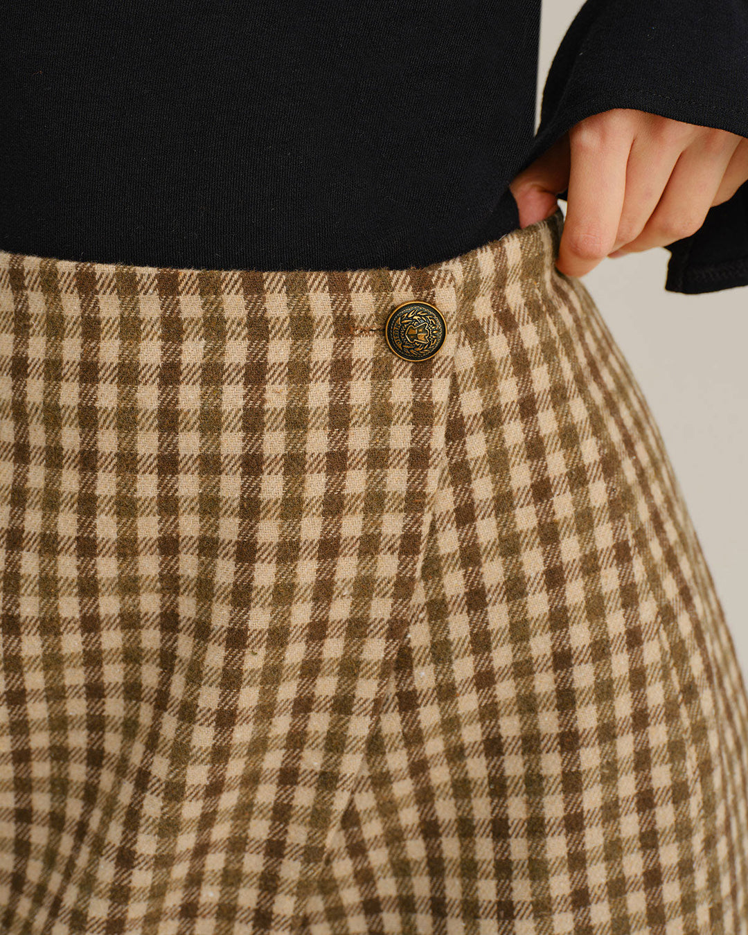 Khaki Plaid Wrap Mini Skirt