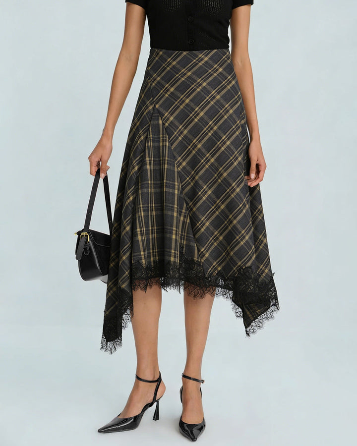 Brown Plaid A-Line Midi Skirt