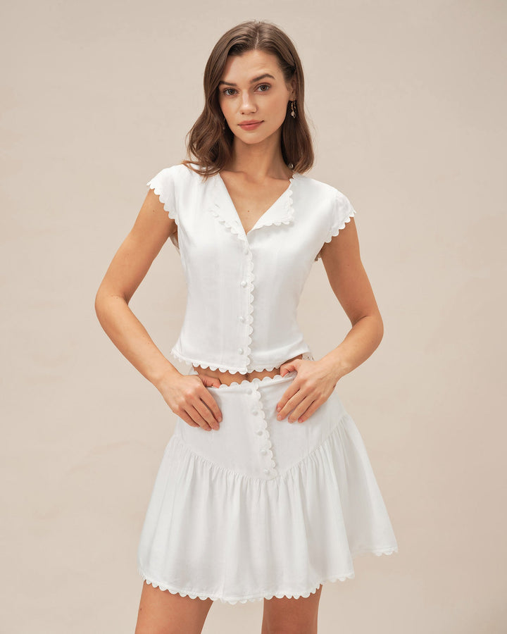 White Button Ruched Mini Skirt