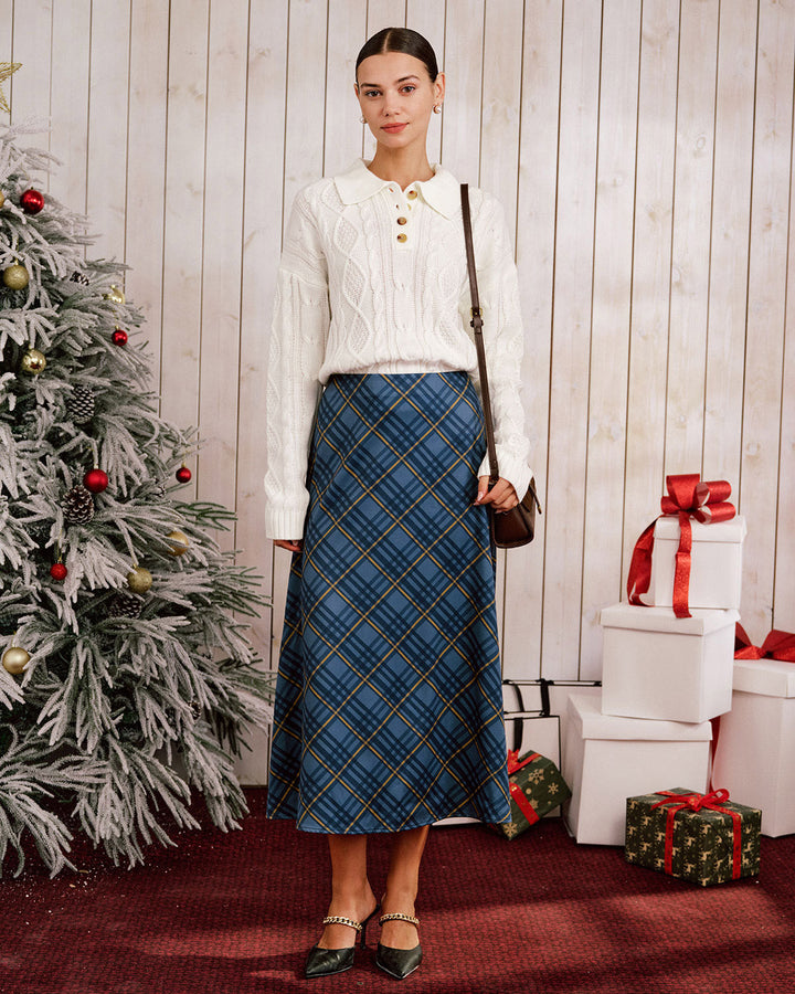 Blue Plaid A-Line Midi Skirt