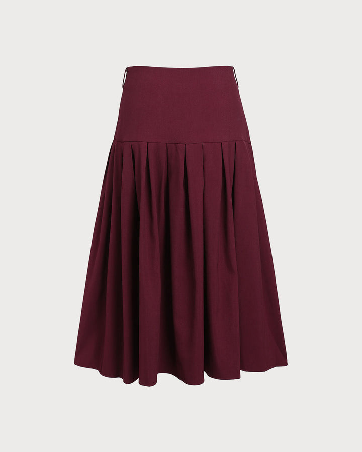 Wine Red Natural Waisted Pleated Midi Skirt