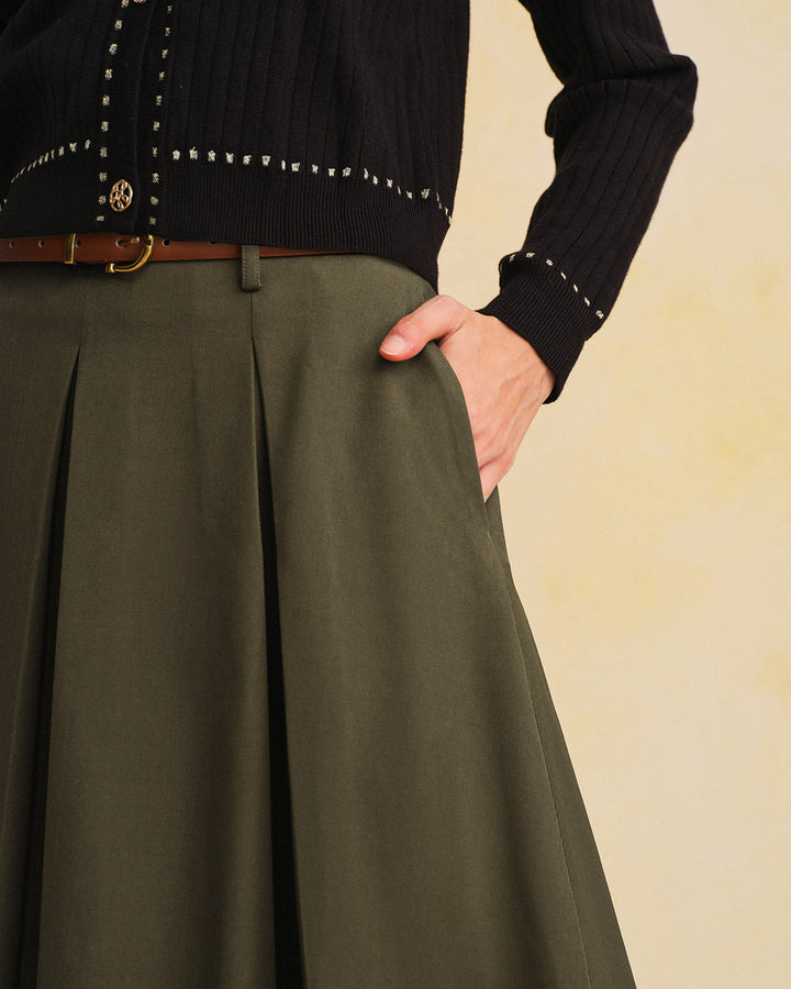 Green A-Line Pleated Midi Skirt