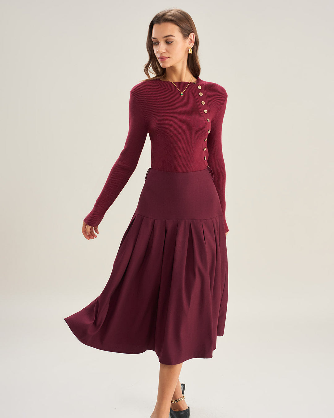 Wine Red Natural Waisted Pleated Midi Skirt