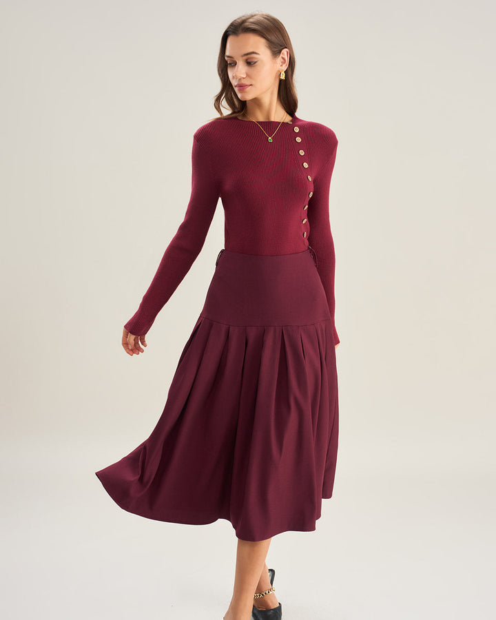 Wine Red Natural Waisted Pleated Midi Skirt