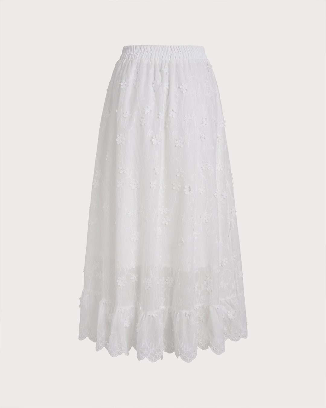 White Floral Elastic Waist Midi Skirt