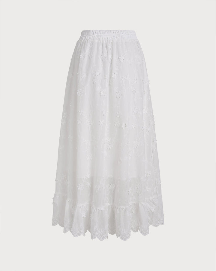 White Floral Elastic Waist Midi Skirt