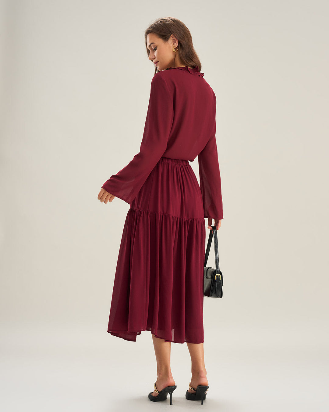 Wine Red Chiffon A-Line Midi Skirt