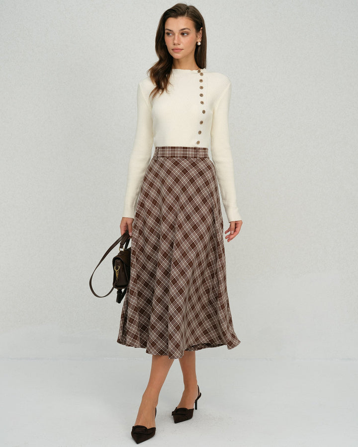 Brown Plaid Floral A-Line Midi Skirt