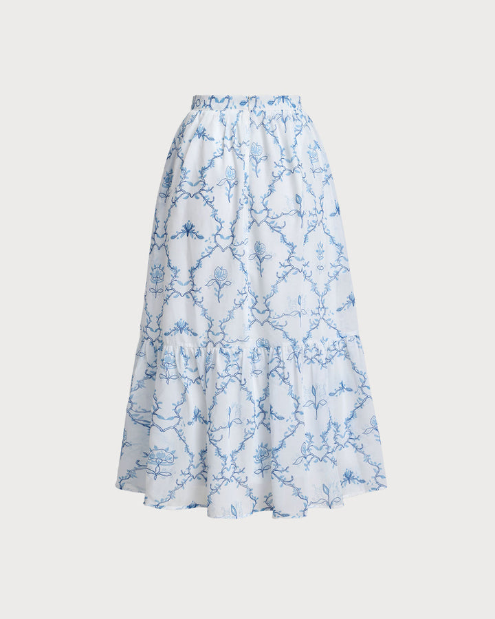 White Floral Tiered Midi Skirt