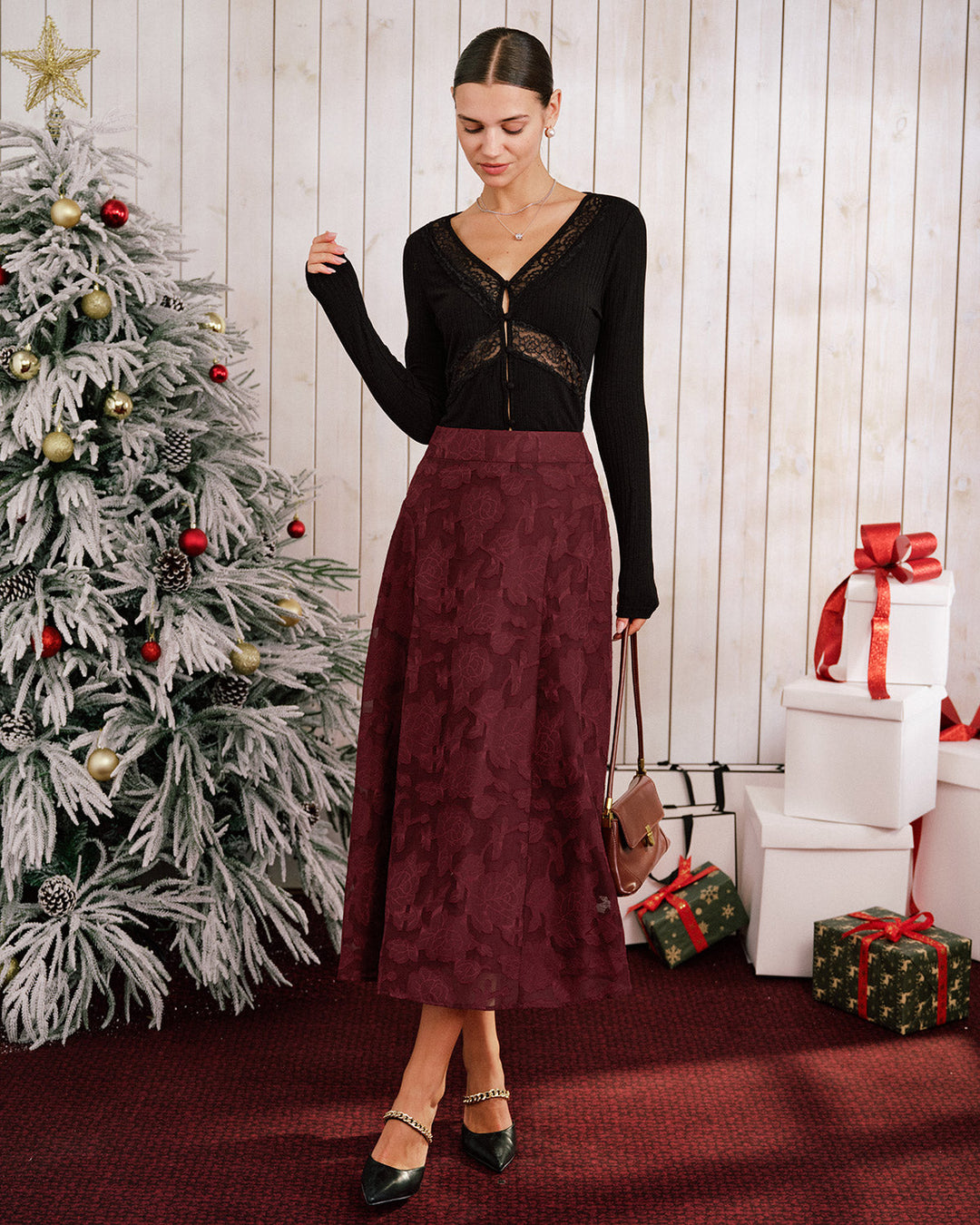 Wine Red Jacquard A-Line Midi Skirt