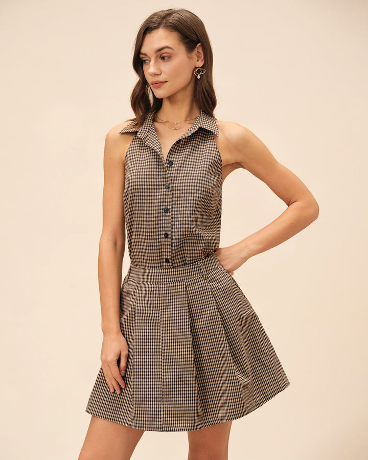 Brown Plaid Ruched Skirt