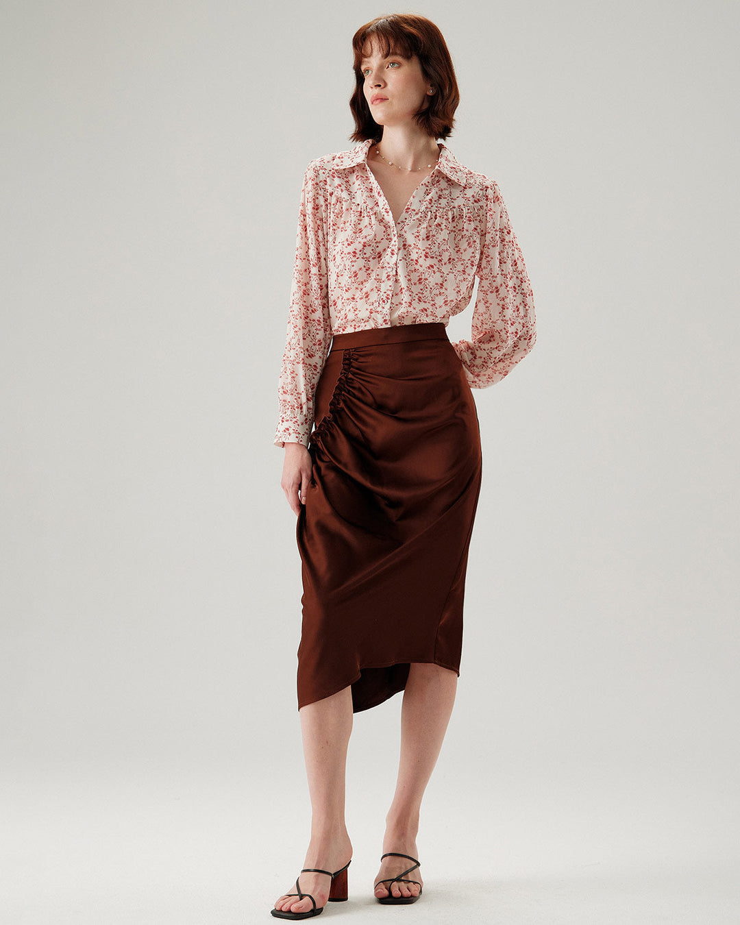 Coffee Ruched Pencil Midi Skirt