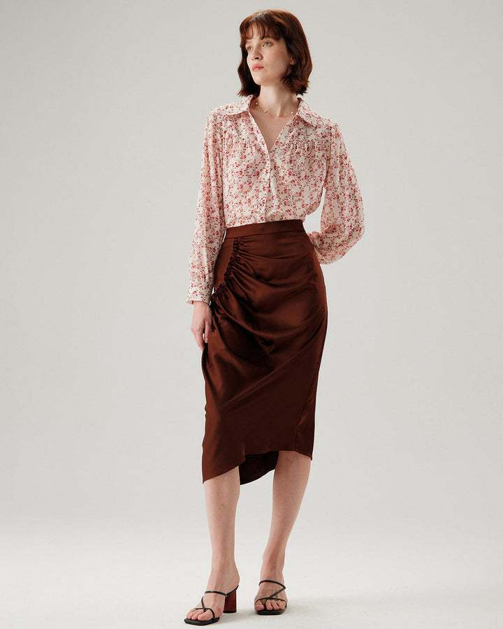 Coffee Ruched Pencil Midi Skirt