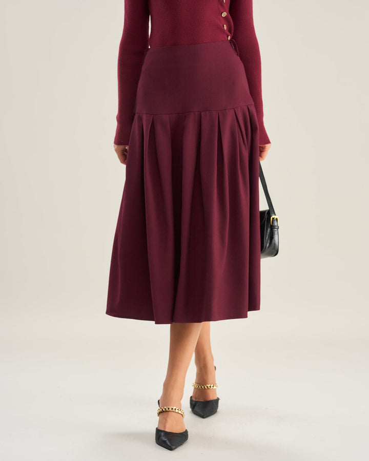 Wine Red Natural Waisted Pleated Midi Skirt