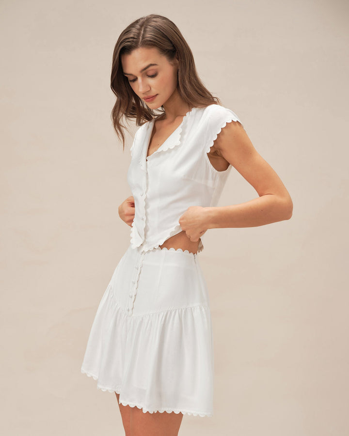 White Button Ruched Mini Skirt