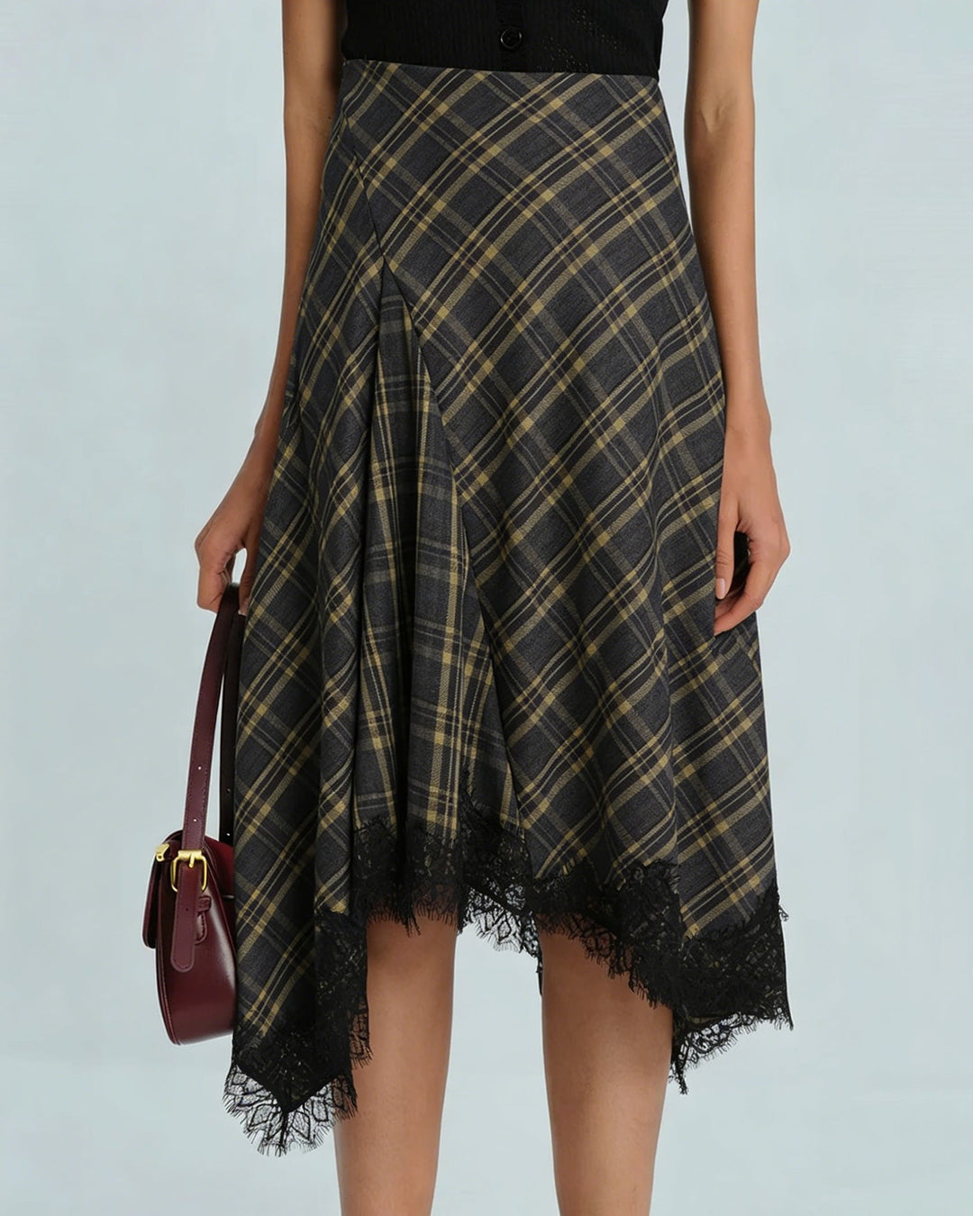 Brown Plaid A-Line Midi Skirt