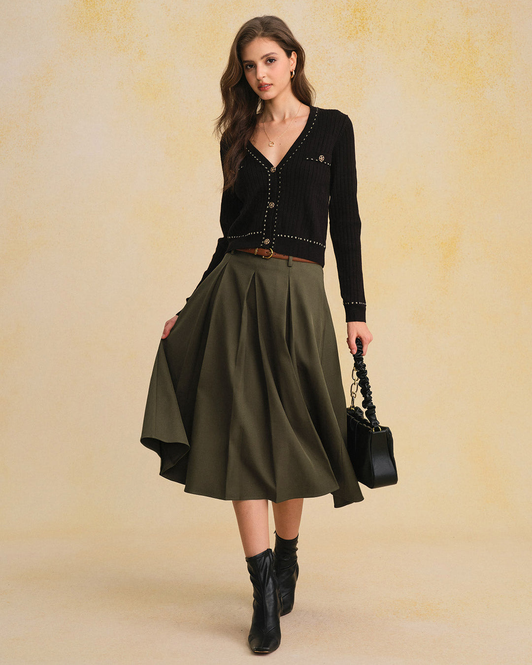 Green A-Line Pleated Midi Skirt