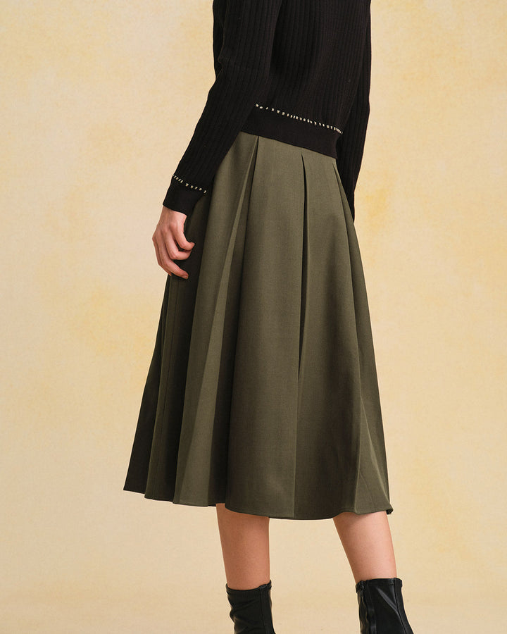 Green A-Line Pleated Midi Skirt