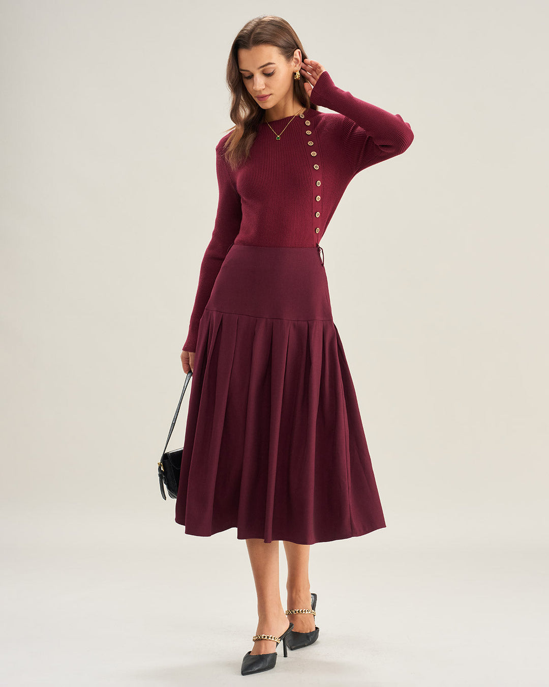 Wine Red Natural Waisted Pleated Midi Skirt