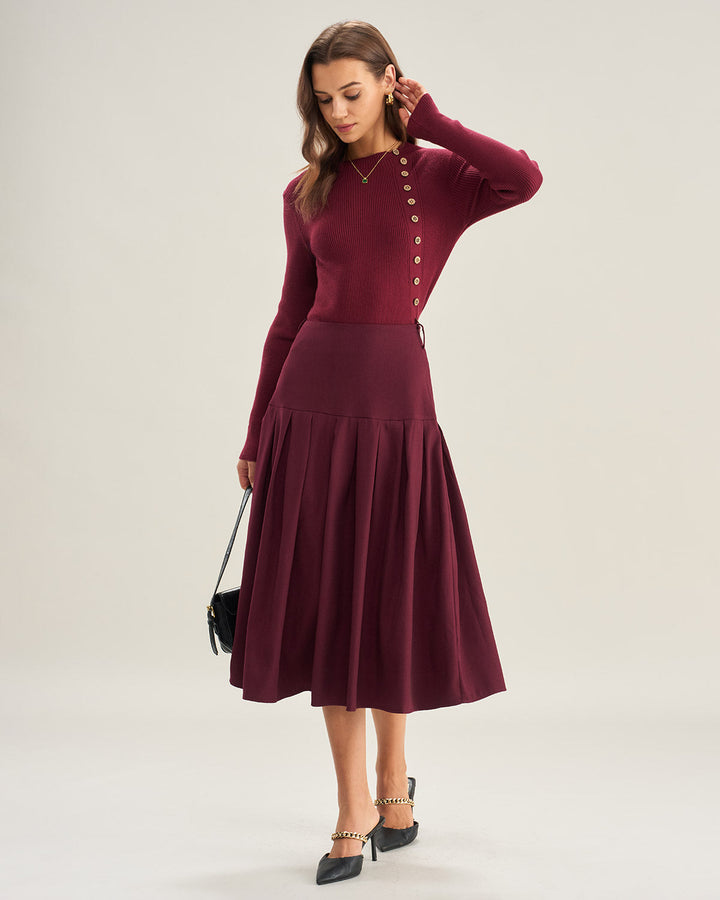 Wine Red Natural Waisted Pleated Midi Skirt