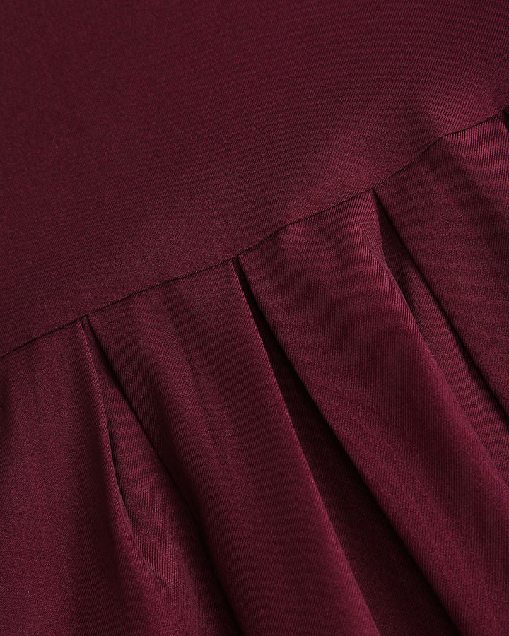 Wine Red Natural Waisted Pleated Midi Skirt