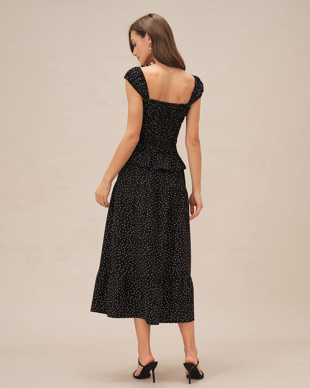 Black Polka Dot Ruched Midi Skirt