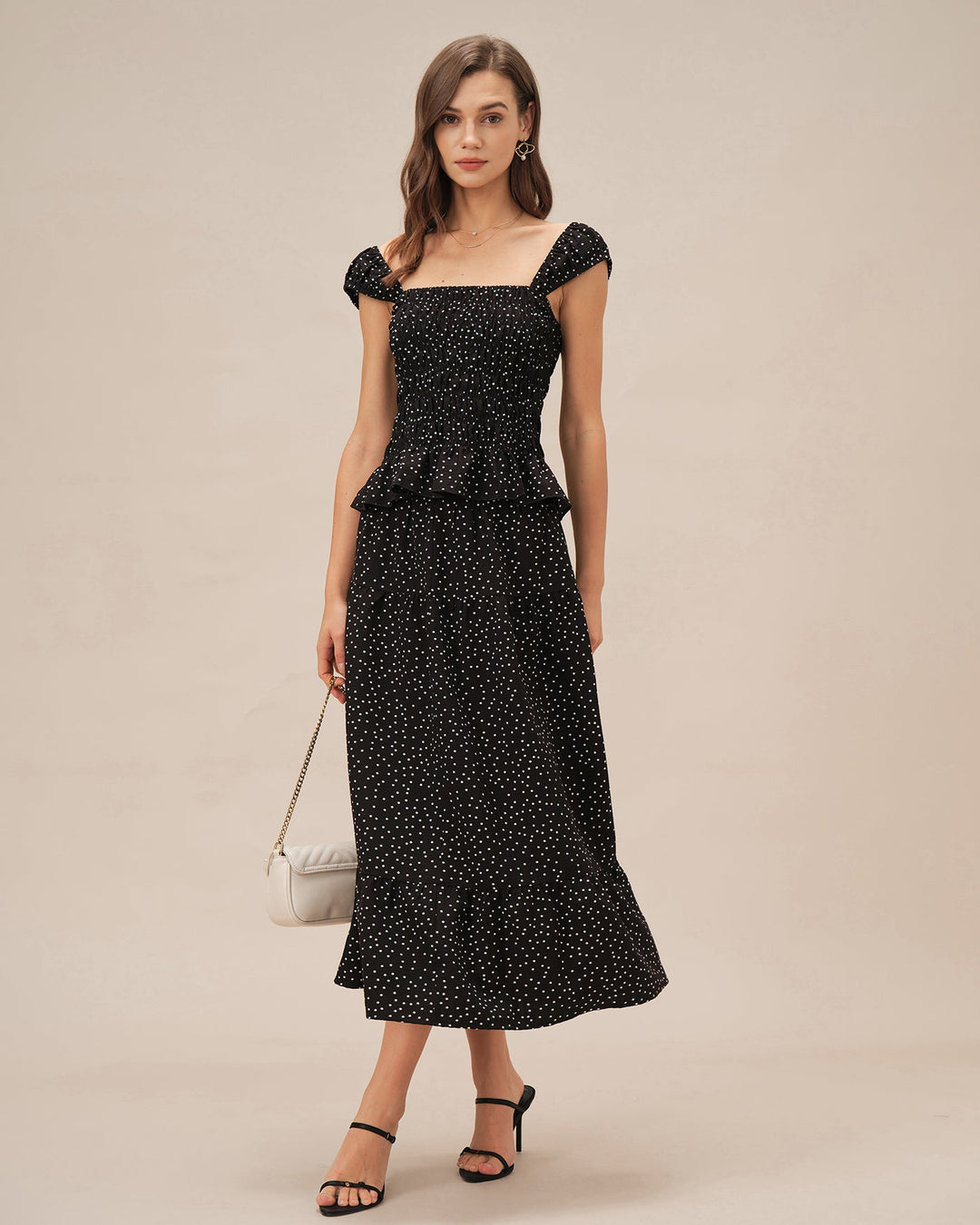Black Polka Dot Ruched Midi Skirt