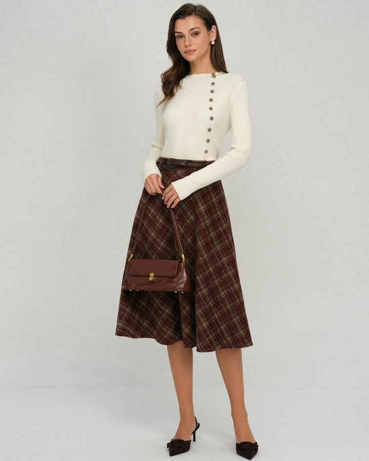 Red Plaid Floral Midi Skirt