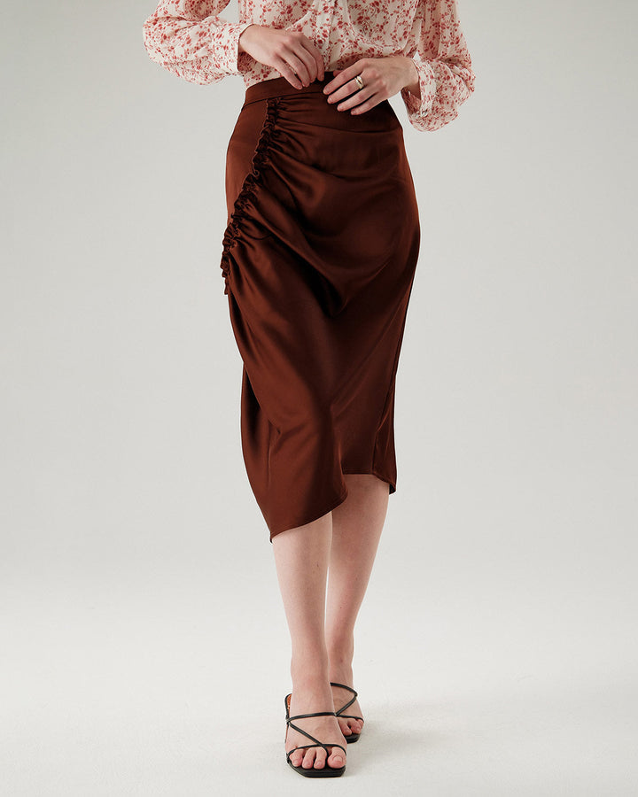 Coffee Ruched Pencil Midi Skirt
