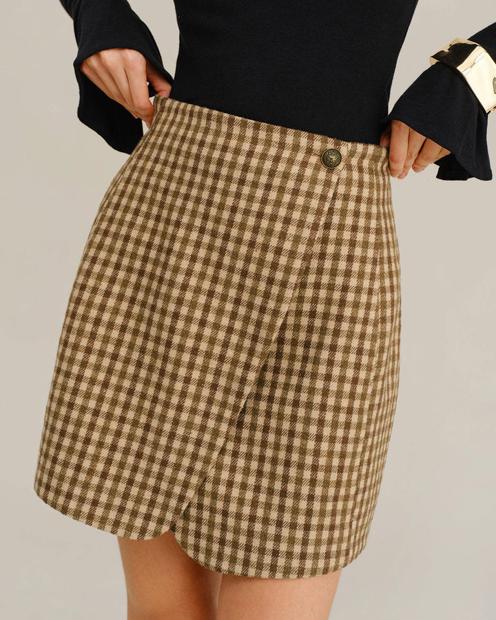 Khaki Plaid Wrap Mini Skirt