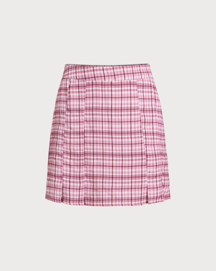 Pink Plaid Straight Mini Skirt