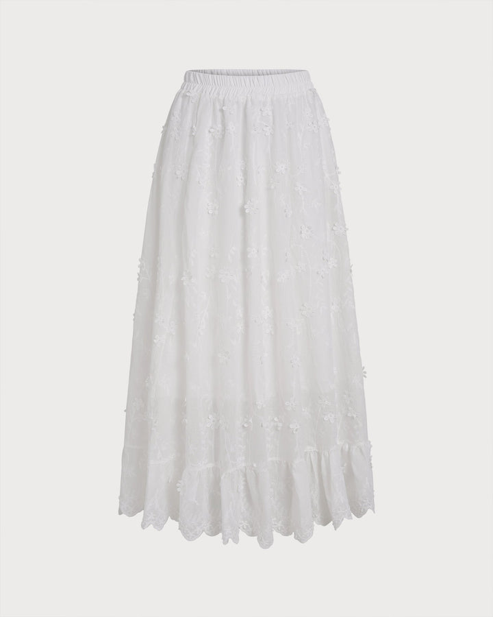 White Floral Elastic Waist Midi Skirt