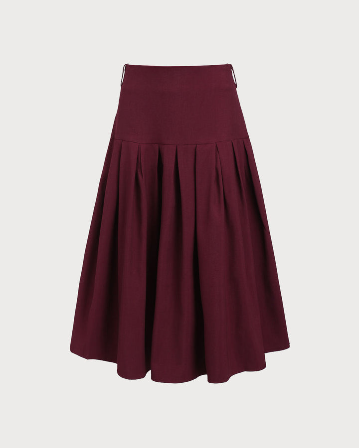 Wine Red Natural Waisted Pleated Midi Skirt