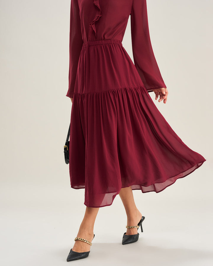 Wine Red Chiffon A-Line Midi Skirt