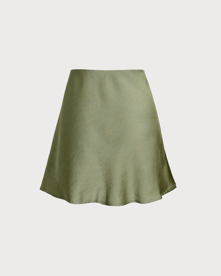 Green Satin Elastic Waist A-Line Mini Skirt