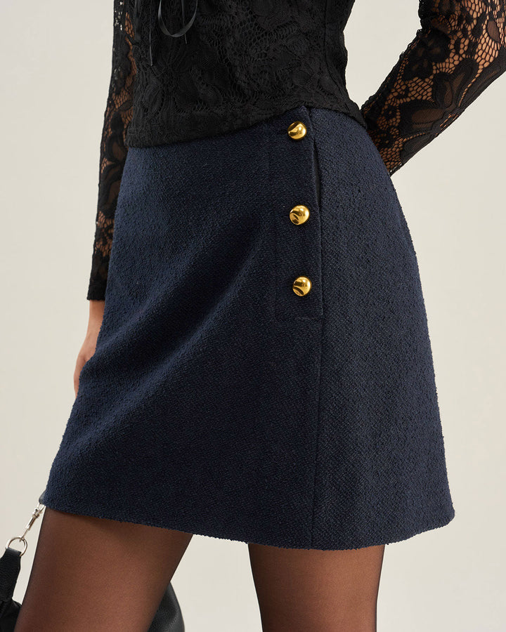 Blue A-Line Button Mini Skirt