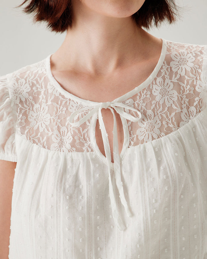 White Lace Puffed Sleeve Tee