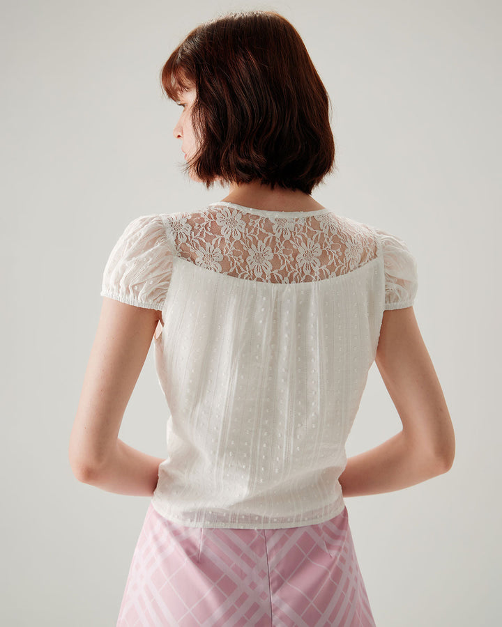White Lace Puffed Sleeve Tee