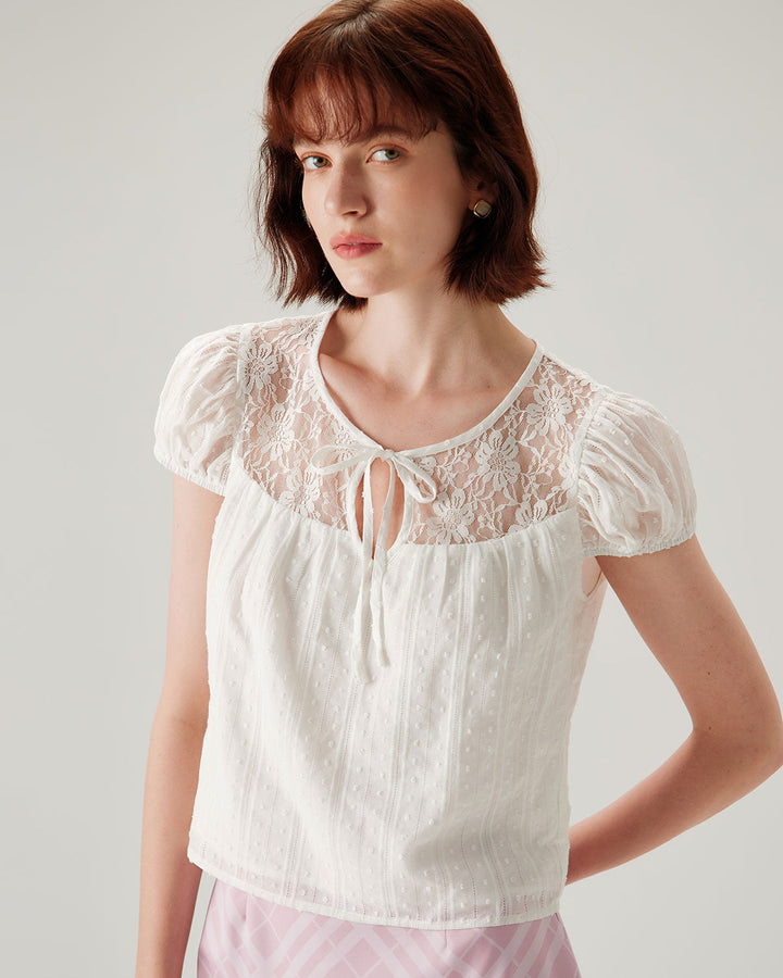 White Lace Puffed Sleeve Tee