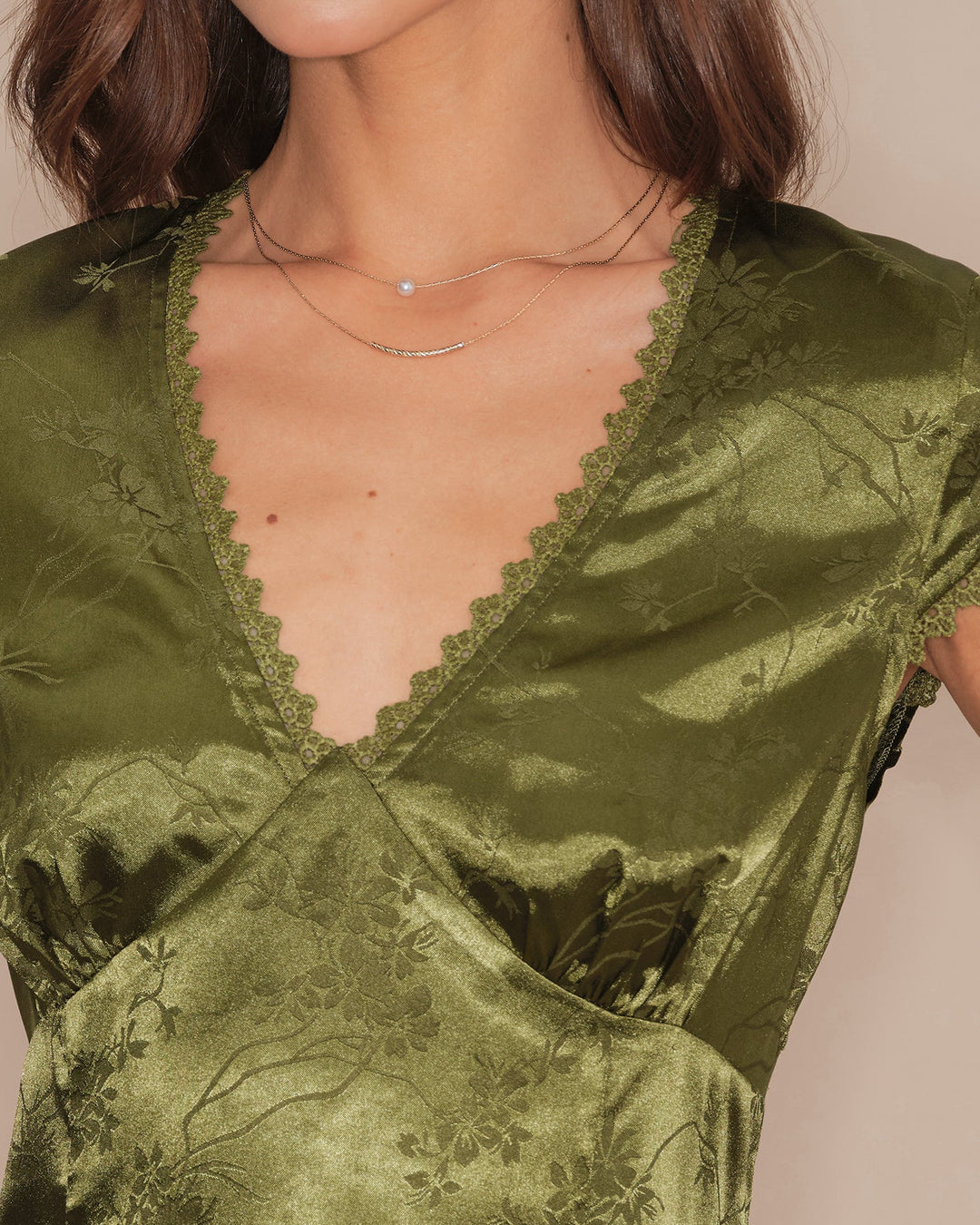 Green V Neck Floral Satin Tee