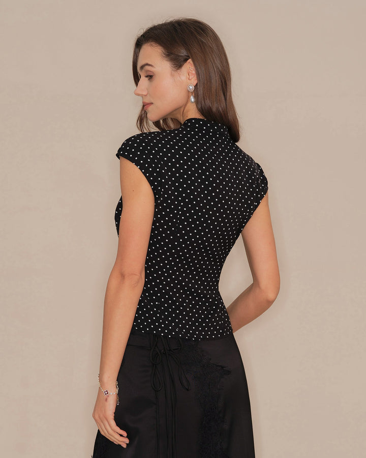 Black Polka Dot Mandarin Collar Tee