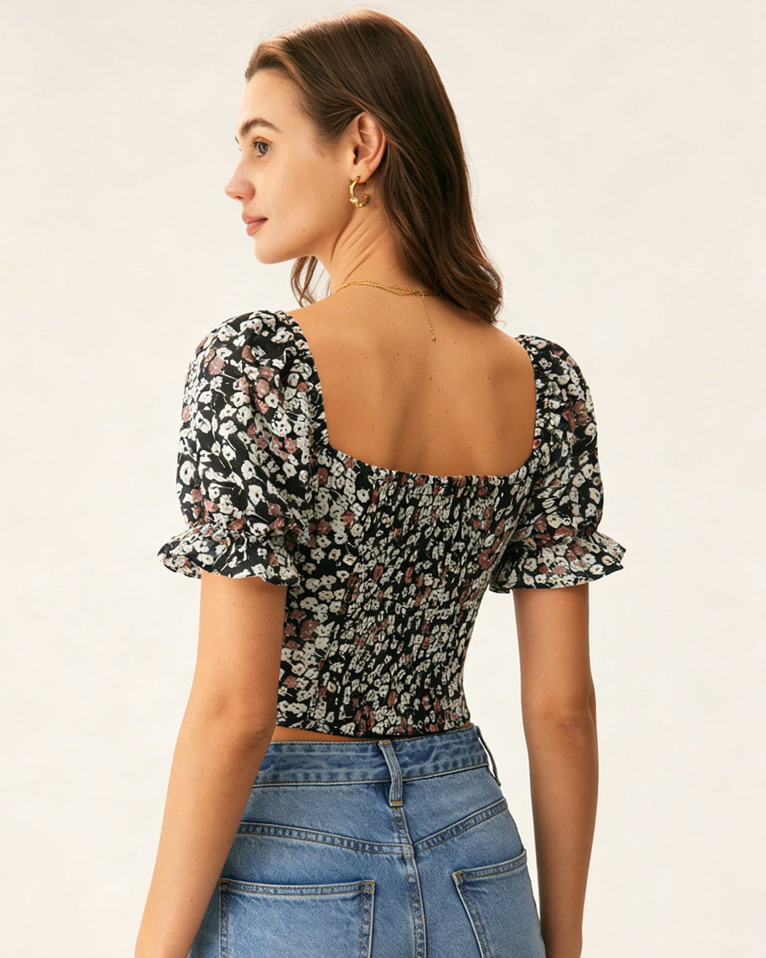 Black Square Neck Floral Tee