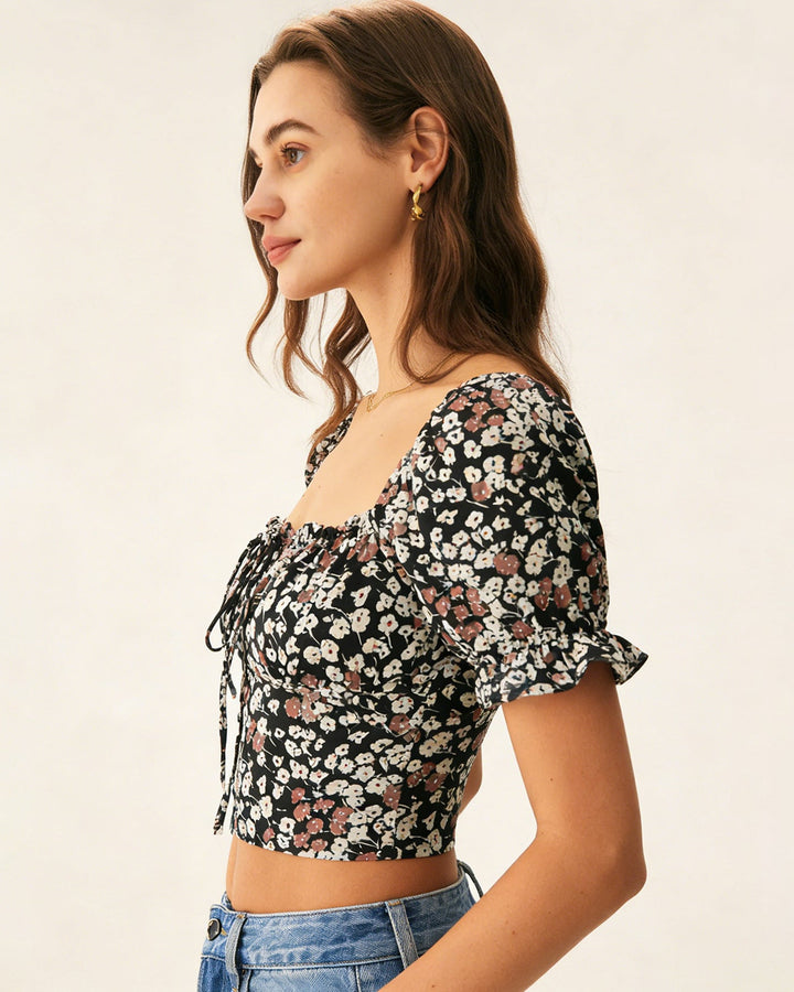 Black Square Neck Floral Tee